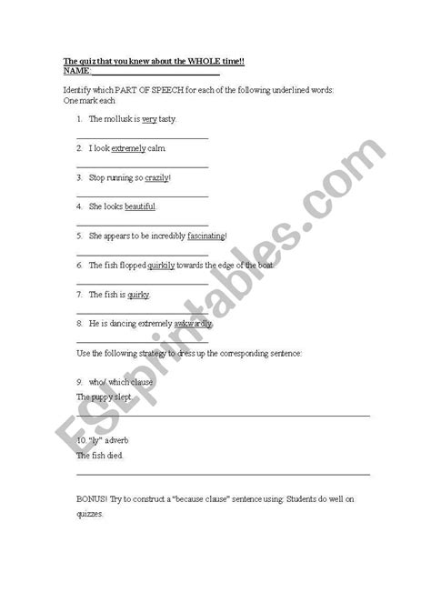 English Worksheets Adverb Adjective Quiz