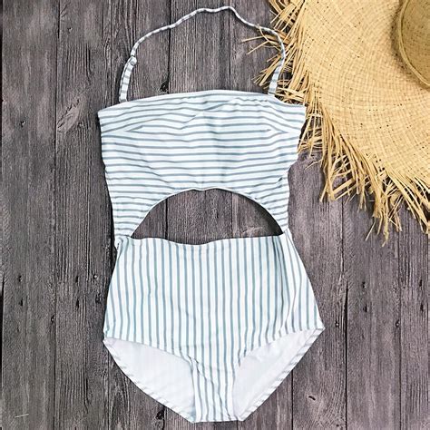 Buy Online Gray Stripe Halter Cut Out One Piece Bathing Suit For Women