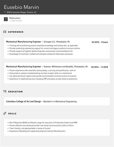 Mechanical Manufacturing Engineer Resume Samples Velvet Jobs