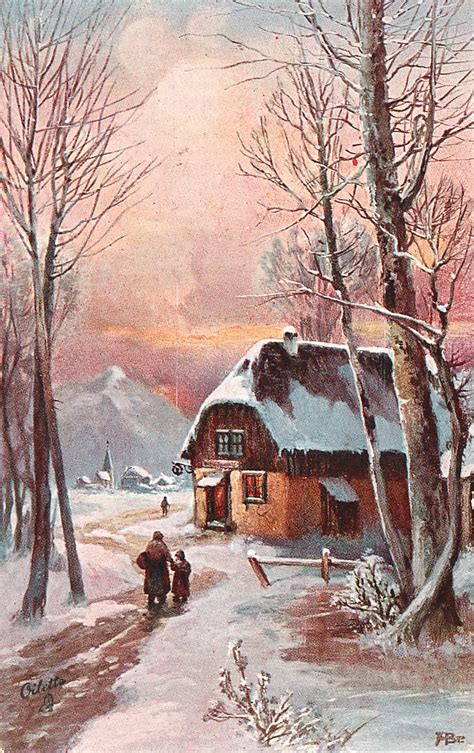 Snowscene Adult And Child Walk Toward Cottage Other Figure In