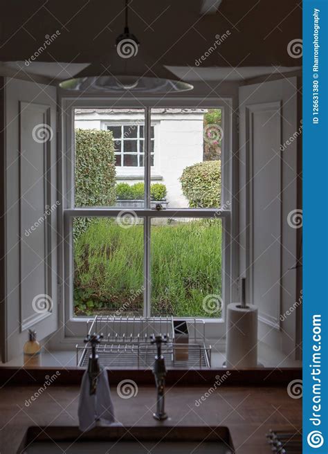 Kitchen Window Into Backyard Of Lavender And Shrubs Stock
