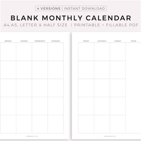 Blank Calendar Page Printable Monthly Calendar Monthly Etsy
