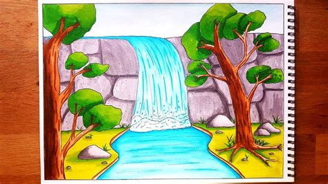 How To Draw A Waterfall Stream Scenery For Beginners Step By Step