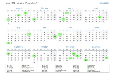 Calendar For 2022 With Holidays In Puerto Rico Print And Download