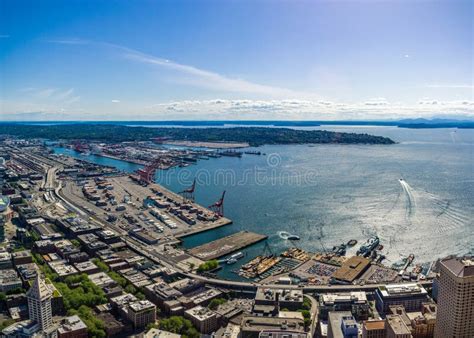 Aerial View Of Elliott Bay Seattle Waterfront And Port Or Habor On A