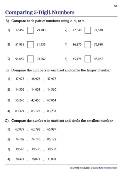 Comparing 5 Digit Numbers Worksheets