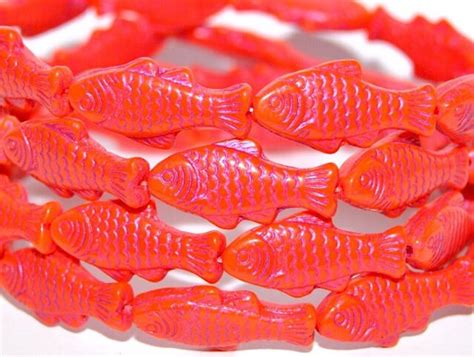 Glass Fish Beads 1 Inch Czech Glass Beads Opaque Coral Red With
