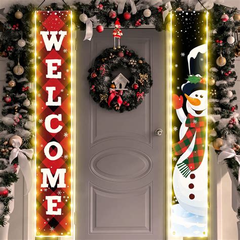 Welcome Christmas Banners With Lights For Outside Snowman Porch Sign