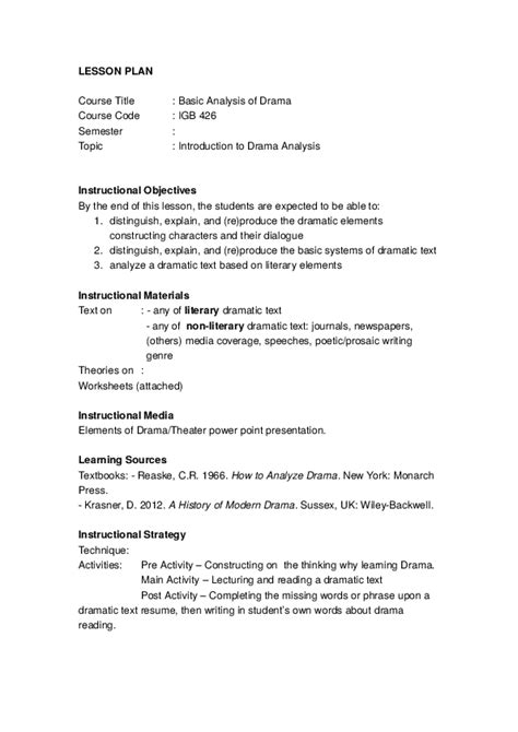 (DOC) LESSON PLAN Course Title : Basic Analysis of Drama Course Code : IGB 426 Semester : Topic ...