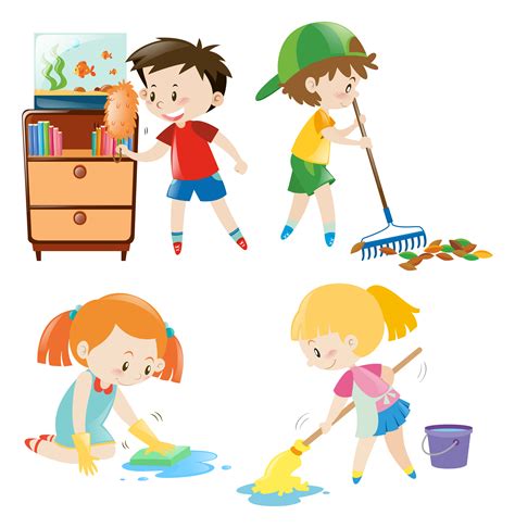 Four Kids Doing Different Chores At Home 370459 Vector Art At Vecteezy