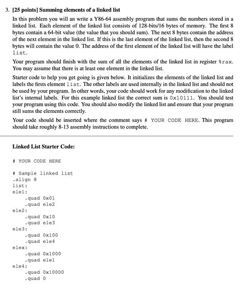 Solved 3. [25 points] Summing elements of a linked list In | Chegg.com
