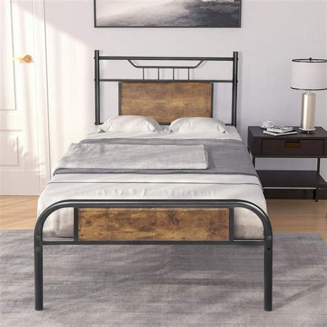 Vecelo Rustic Twin Size Metal And Wood Platform Bed Frame With Wooden