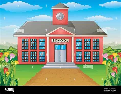 Cartoon School Building With Green Yard Stock Vector Image And Art Alamy