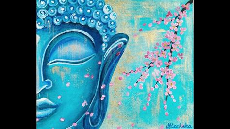 Textured Blue Buddha Painting With Cherry Blossoms In Acrylics On