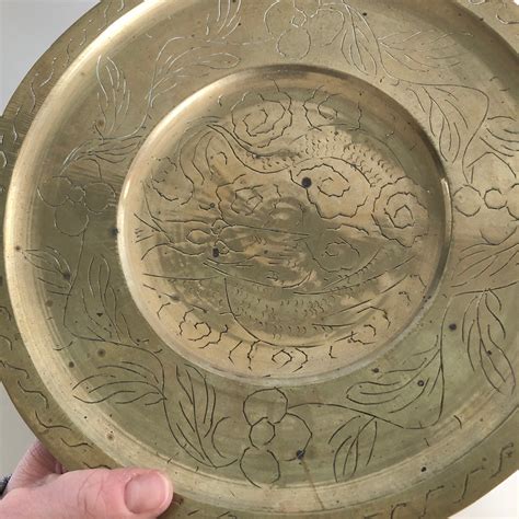 Large Chinese Brass Plate with Small Pedestal and Etchings | Etsy