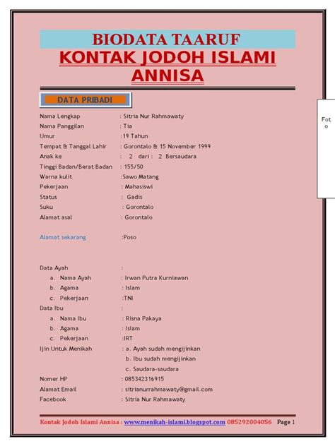 Panduan menyusun cv taaruf yang baik dan benar disertai contoh. @A Biodata Ta'aruf KJI Annisa.doc