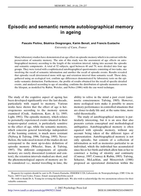PDF Episodic And Semantic Remote Autobiographical Memory In Ageing