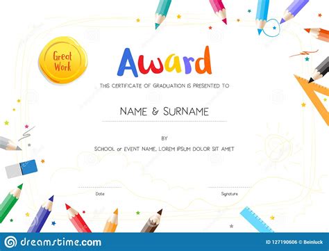 Kids Diploma Or Certificate Template With Painting Stuff Border Vector