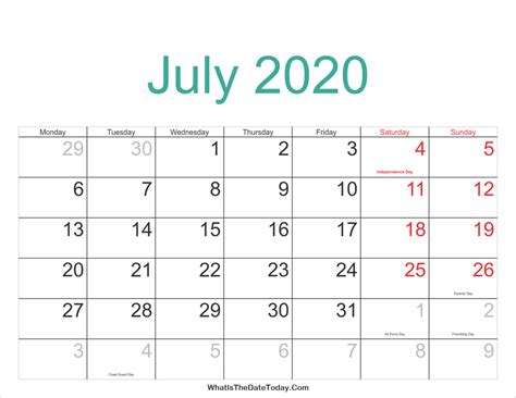 July 2020 Calendar Printable With Holidays Whatisthedatetodaycom