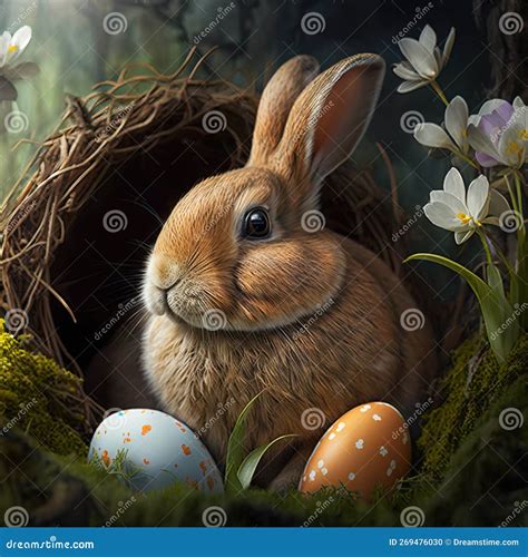 Cute Easter Bunny With Colored Eggs Ai Generated Stock Photo Image