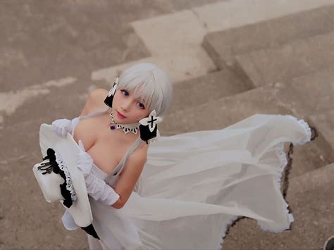 Free Download HD Wallpaper Asian Cosplay Women White Hair Big Boobs Cleavage One Person