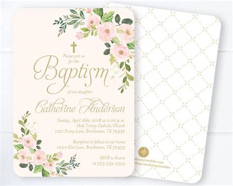 Baby Girl Baptism Invitations Blush And Gold Watercolor Floral Baptism