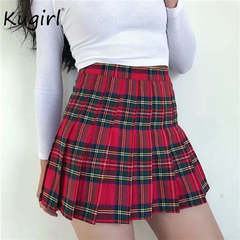 autumn women plaid pleated skirt red enlarge size high waisted chequered short skirt sexy sweet