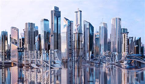 Future City Skyline Panorama D Scene Futuristic Cityscape Concept