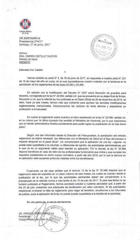Carta A Ministra De Salud En Relación A Tardanza Aprobación De