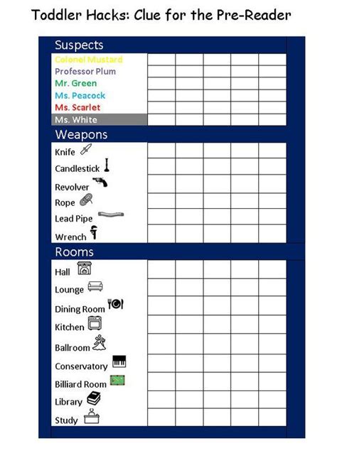 (free!) printable mystery games for parties. Printable Clue Score Card for the Pre-Reader | Clue games ...
