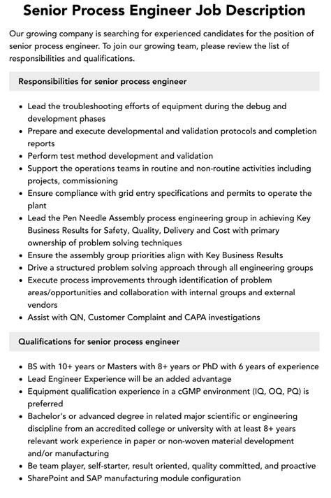 Senior Process Engineer Job Description Velvet Jobs