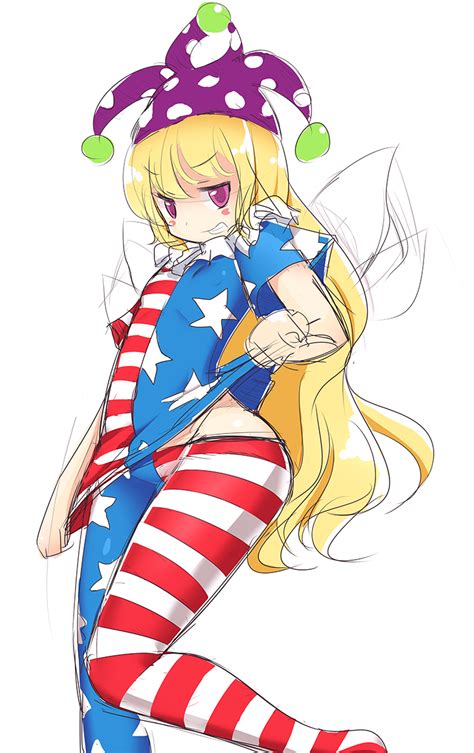 safebooru 1girl american flag blonde hair blush stickers clownpiece flag print frilled shirt