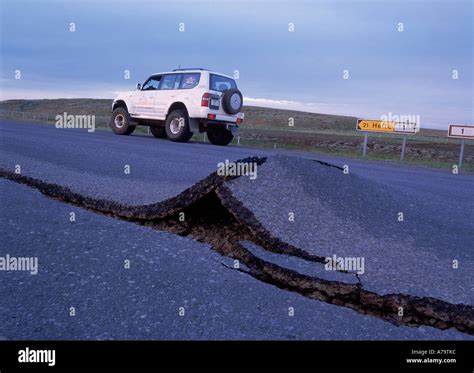 Road Cracks From Earthquakes Iceland Stock Photo Alamy