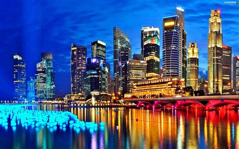 Bridge Skyscrapers Town Night Singapur Clouds For Desktop