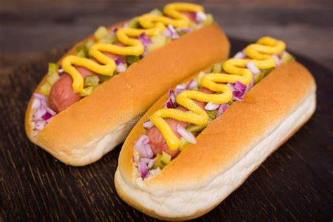 Hot Dogs With Mustard Closeup Stock Image Image Of Fast Food 63842497