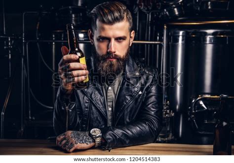 Stylish Bearded Biker Dressed Black Leather Stock Photo 1204514383