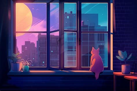 Premium Ai Image A Cat Looking Out A Window At A Cityscape