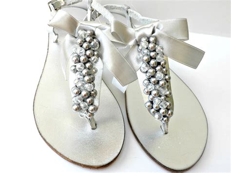 Silver Wedding Sandals Bridal Silver Pealrs Crystal Beads Greek