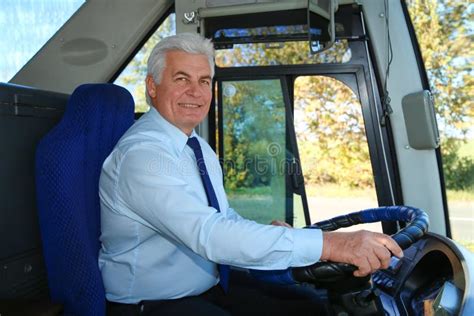 Professional Bus Driver At Steering Wheel Stock Image Image Of Public