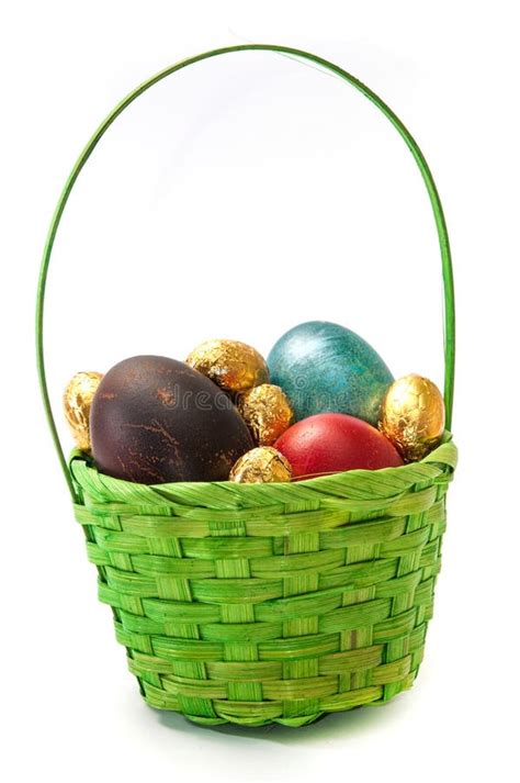 Colored Easter Eggs In Green Baskets Stock Photo Image Of Grass