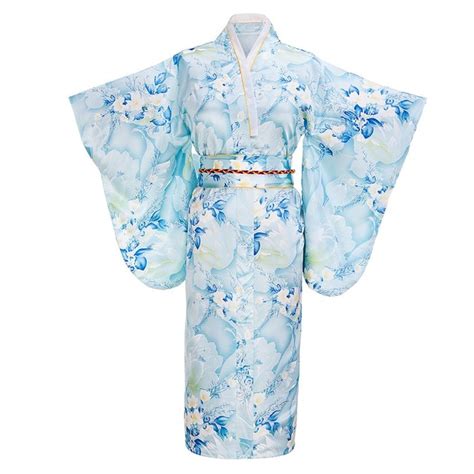 Light Blue Fashion Japanese Women Tradition Yukata Silk Rayon Kimono