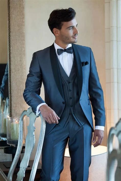 2017 Latest Coat Pant Designs Navy Blue Satin Shawl Lapel Wedding Suit