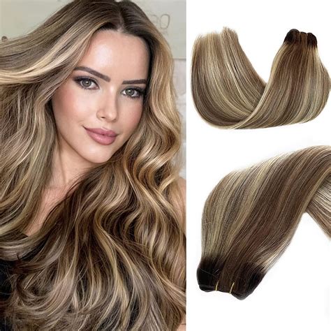 Weft Hair Extensions Human Hair 18 Inch 100g Ash Brown Highlighted Bleach Blonde