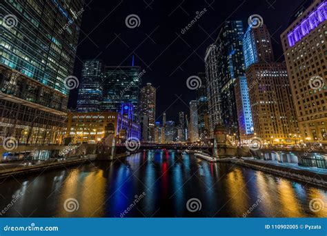 Chicago Downtown By The River At Night Stock Image Image Of Midwest