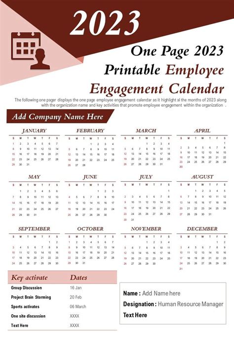 One Page 2023 Printable Employee Engagement Calendar Presentation