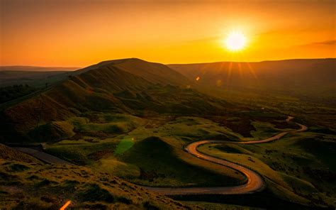 Download Wallpapers Derbyshire Peak District Sunset Green Hills Sun