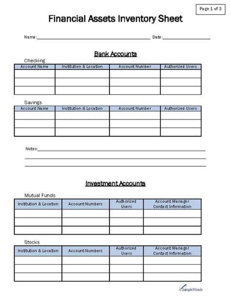 Financial Asset Inventory Form Pdf Sheet For Personal