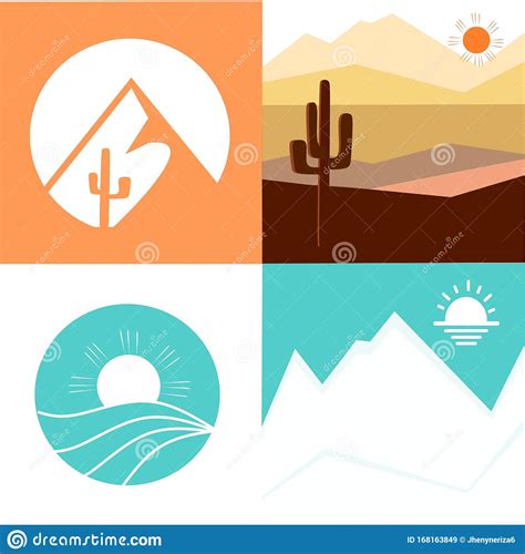 Set Of Desert Logo And Template Vector Linear Round Icon Of Water Or