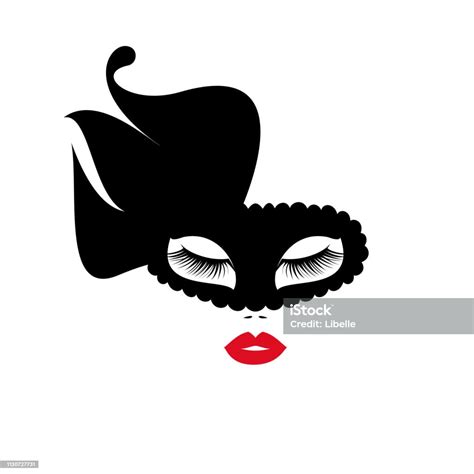 婦女臉與紅色嘴唇在黑色面具美容標誌 標誌 符號 圖示沙龍 水療沙龍 美髮 堅定的公司或中心向量例證向量圖形及更多戲服圖片 Istock