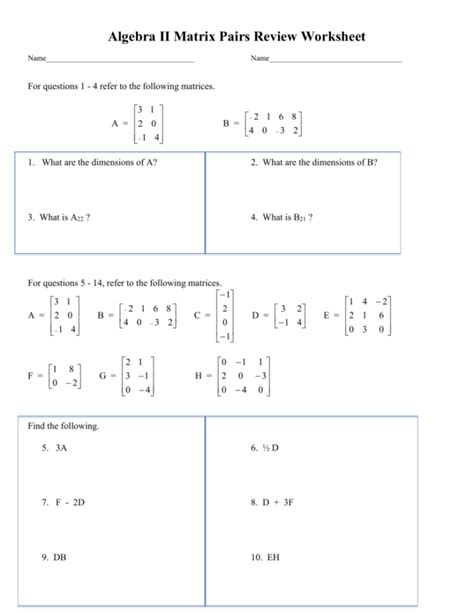 Matrix Basics Worksheet Answers